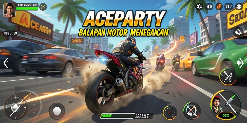 Tampilan gameplay ACEPARTY yang seru dan menegangkan di lintasan balap.