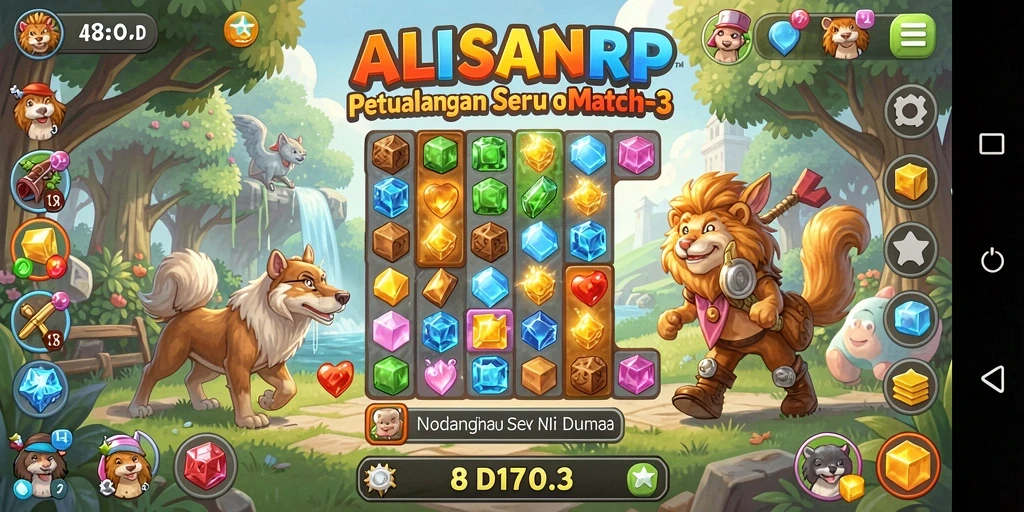 Tampilan gameplay menarik ALISANRP dengan elemen Match-3 yang cerah.