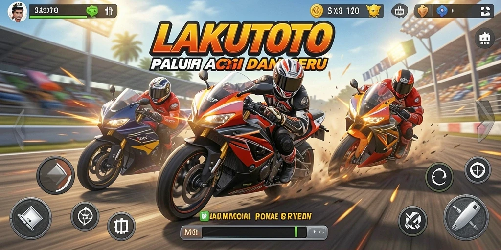 Screenshot dari gameplay LAKUTOTO menampilkan aksi balap motor yang mendebarkan.