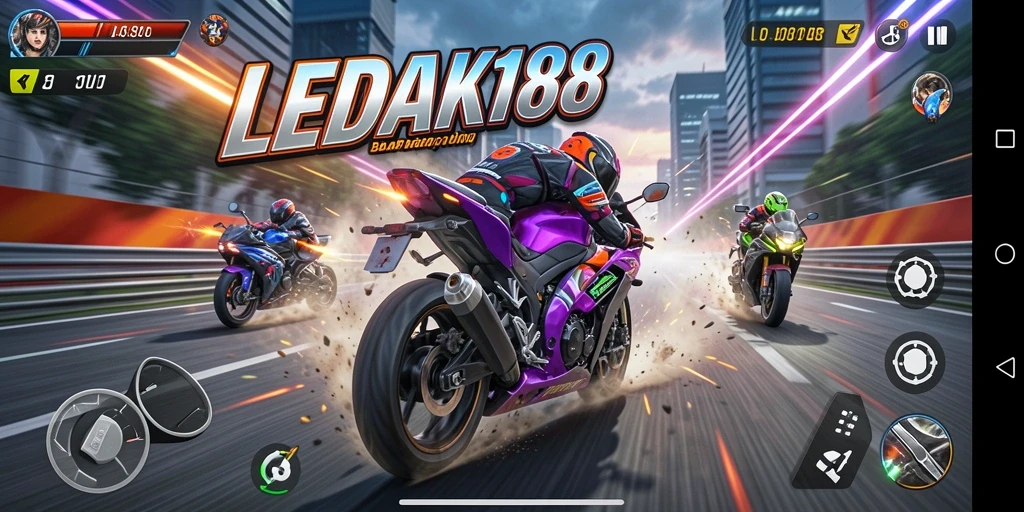Tampilan gameplay balap motor yang mendebarkan dari LEDAK188.