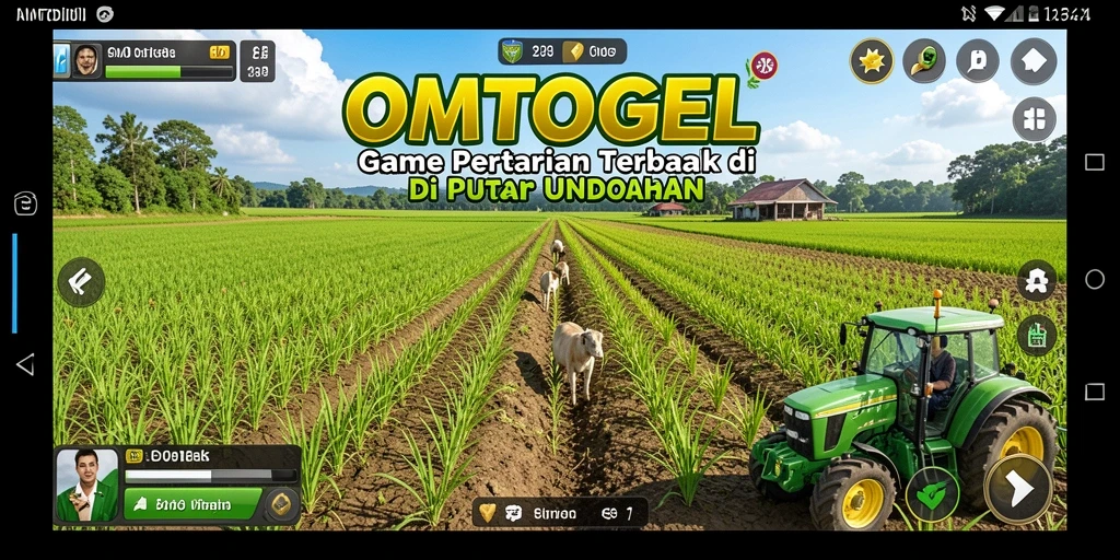 Screenshot gameplay OMTOGEL menampilkan kebun yang indah dan hewan ternak.