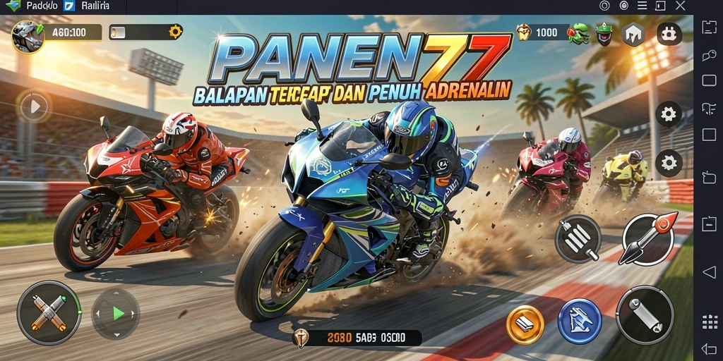 Screenshot gameplay PANEN77 menunjukkan aksi balapan motor yang menegangkan dan penuh warna.