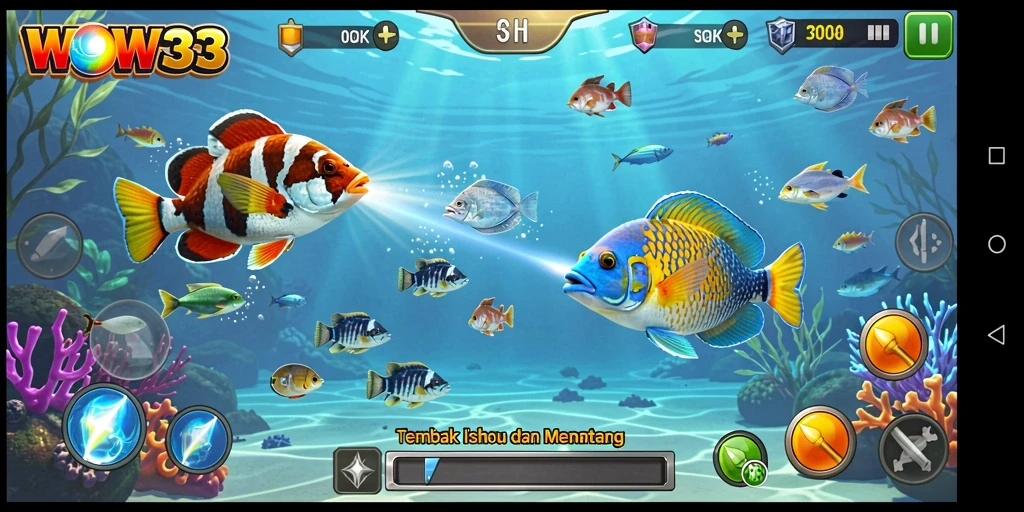 Screenshot dari gameplay WOW33 menampilkan aksi menembak ikan yang seru.